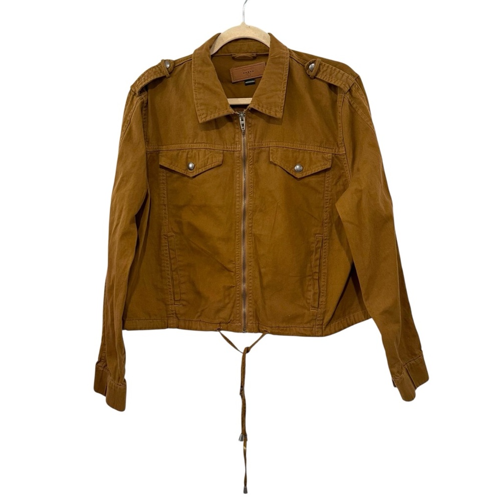 BLANK NYC Large Brown Utility Cotton Jacket Zip Front Epaulets Drawstring Hem
